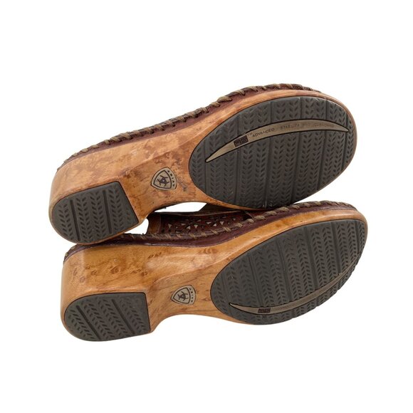 Ariat Womens Brown Leather Slingback Sandals With Laser Cut Design & Wooden Wedg - Picture 5 of 9